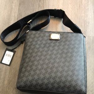 DKNY Parker Messenger Bag Black & Gray Faux Leather DKNY Logo Print NWT